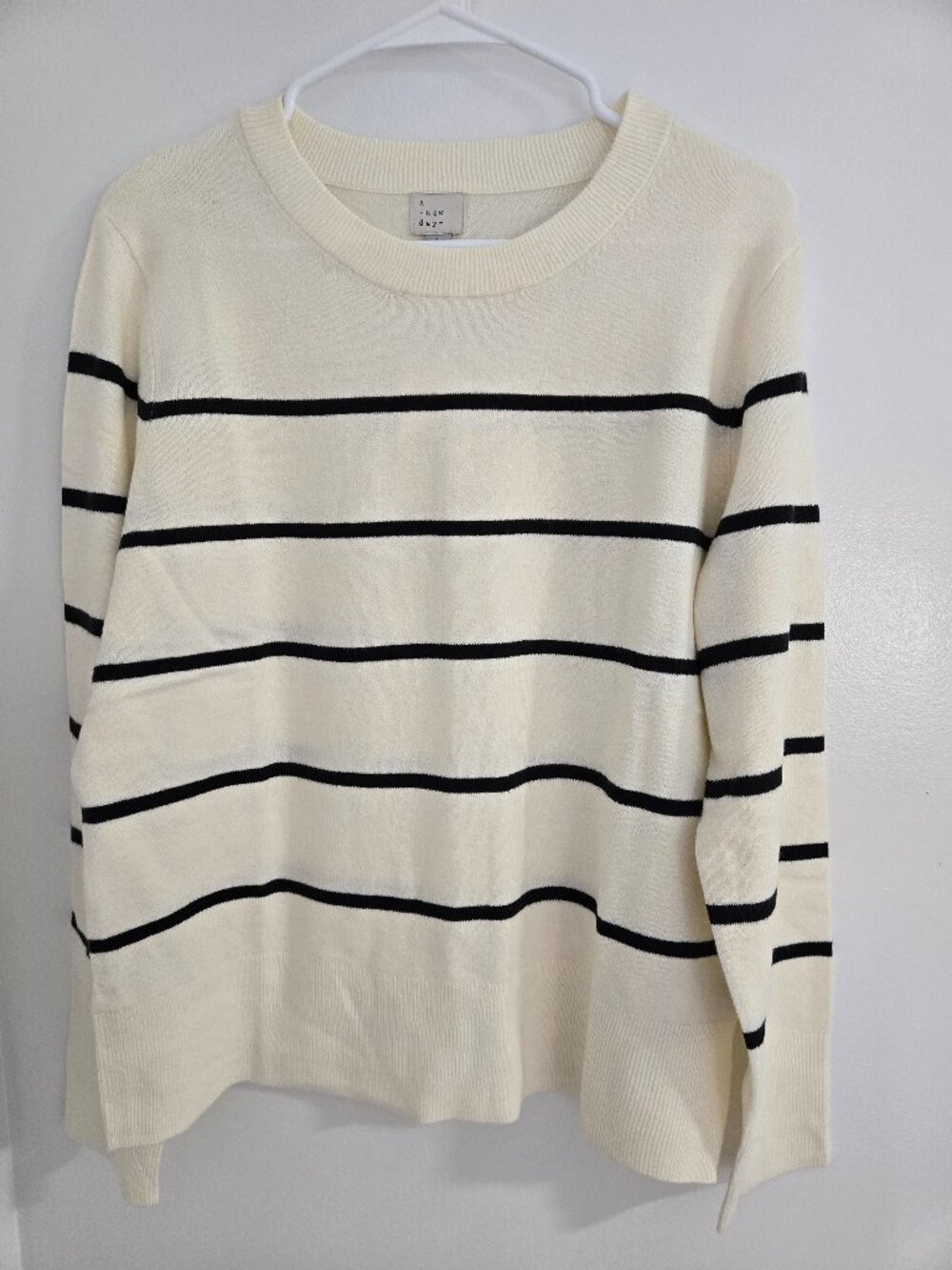 A New Day Women's Cream Black Striped Crewneck Sweater Coastal Nautical L NWT
